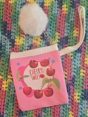 New Super Cute Pink Cherry Sweet Zip Pouch With Puffball